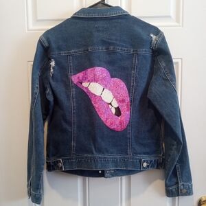 Blue Denim Jacket with Pink Sequins Lips